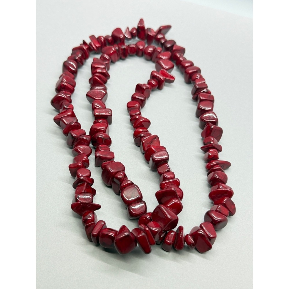 Red Stone Beaded Strand Necklace 36"